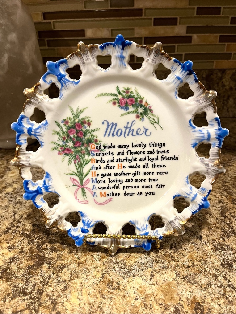 Vintage Decorative 'Mother' Floral Porcelain Plate - White and Blue - Picture 6 of 7